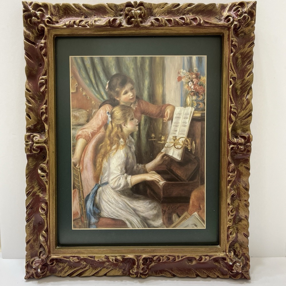 Two Young Girls At The Piano Print Wood Frame 17x14" Renoir Dark Red Gold Gilted